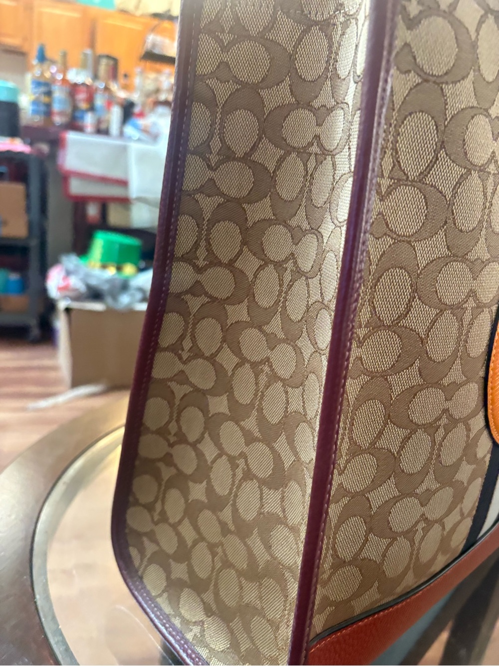 Coach women  Signature Canvas Tote with Orange Patch and Brown Trim - Picture 2 of 9